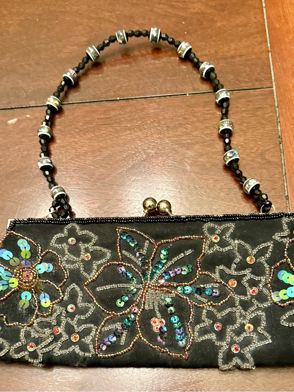 Beaded Black Sequin Floral Evening Clutch